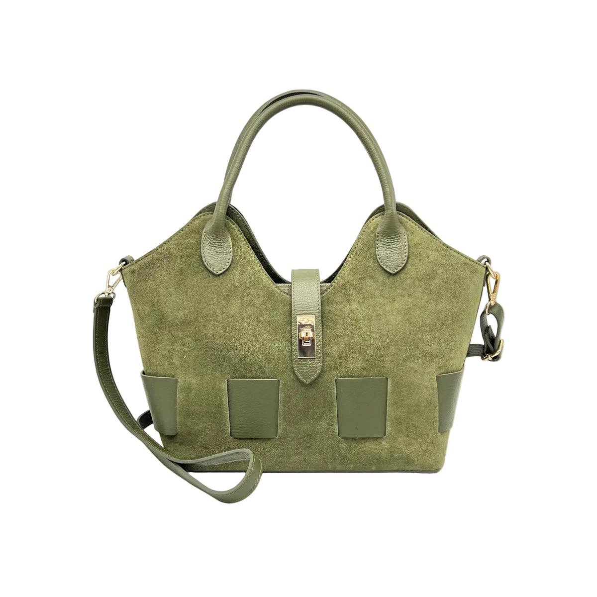 Sac à main en cuir suédé avec bandoulière, Fabriqué en Italie, art. 112683: Vert olive