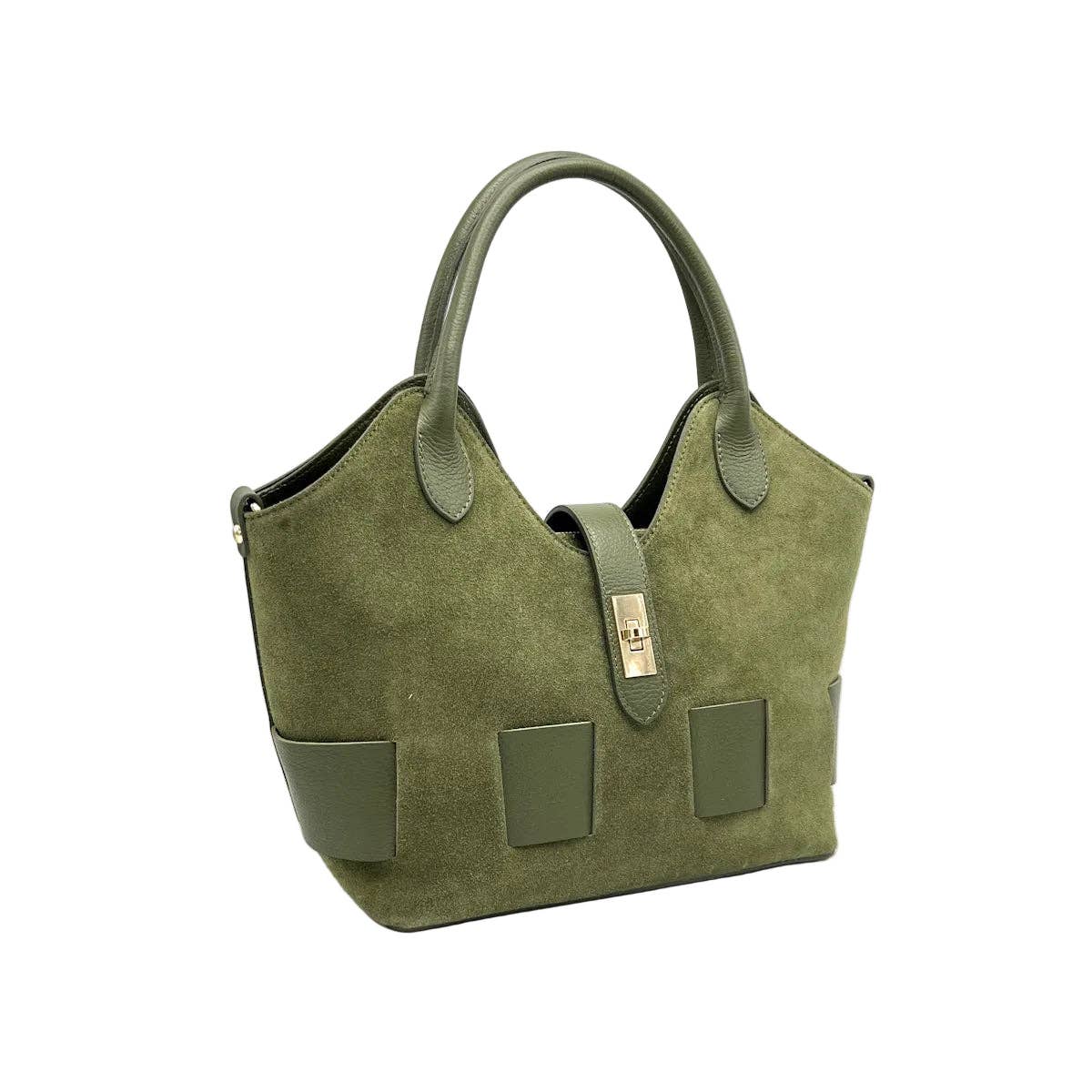 Sac à main en cuir suédé avec bandoulière, Fabriqué en Italie, art. 112683: Vert olive