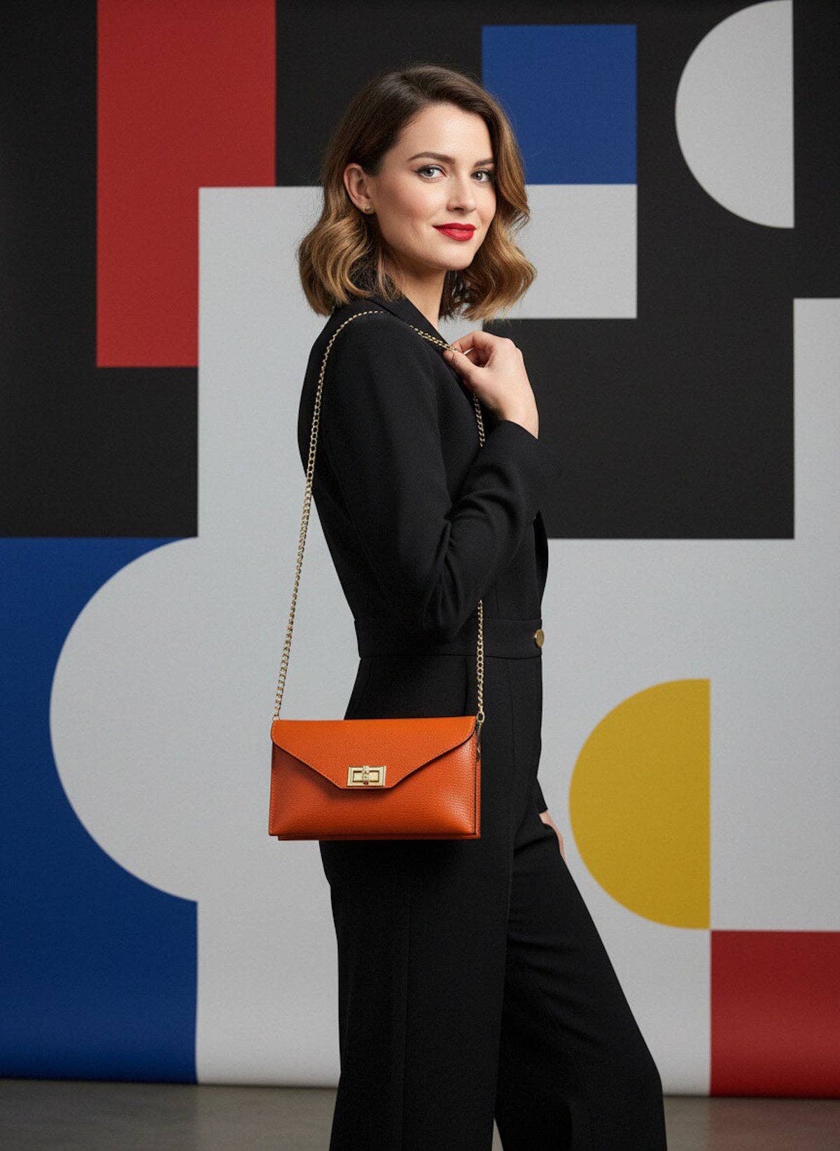 Suie Valentini- Pochette convertible, en cuir véritable avec chaîne bandoulière,  Orange