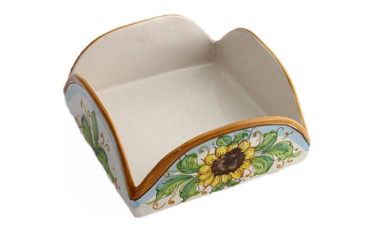 Porte-serviettes carré en céramique décorée à la main par des céramistes siciliens tournesol art. 9