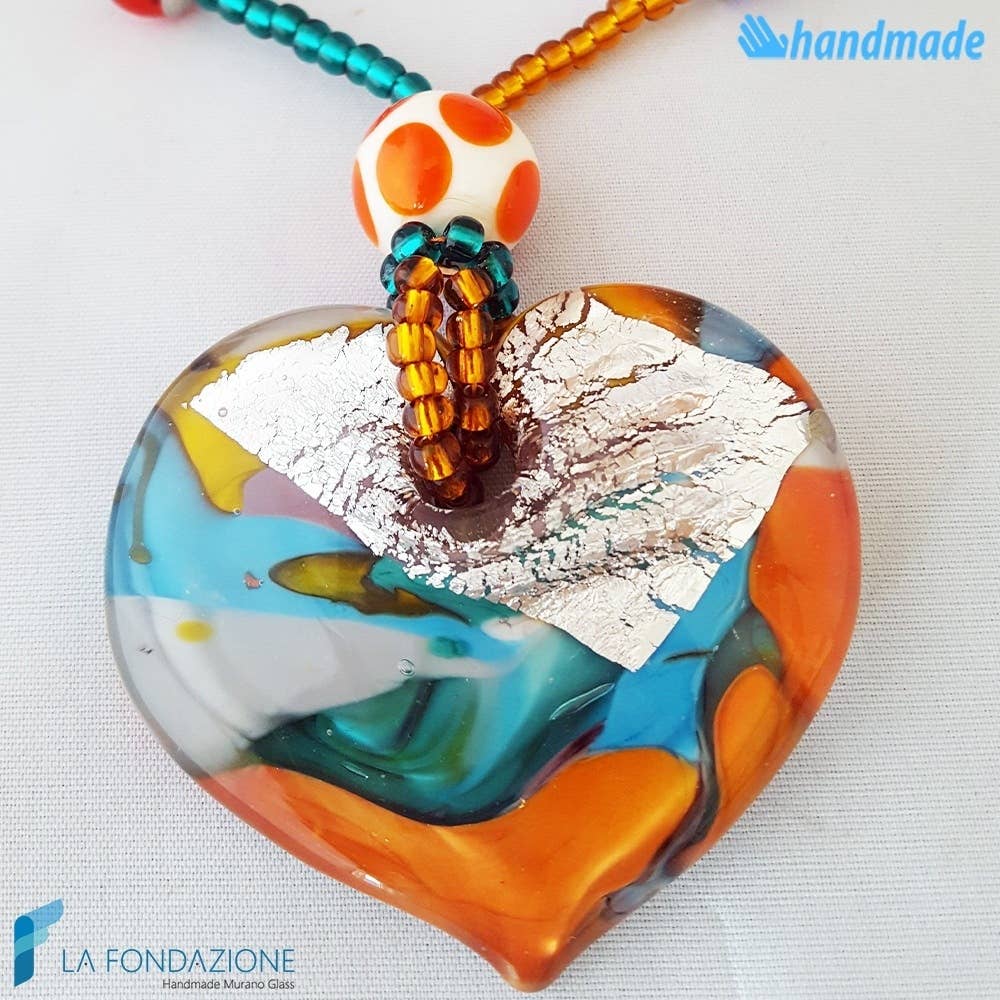Collier Gipsy Heart en verre de Murano: Orange, bleu clair, jaune / Cœur / Argent, cristaux, verre