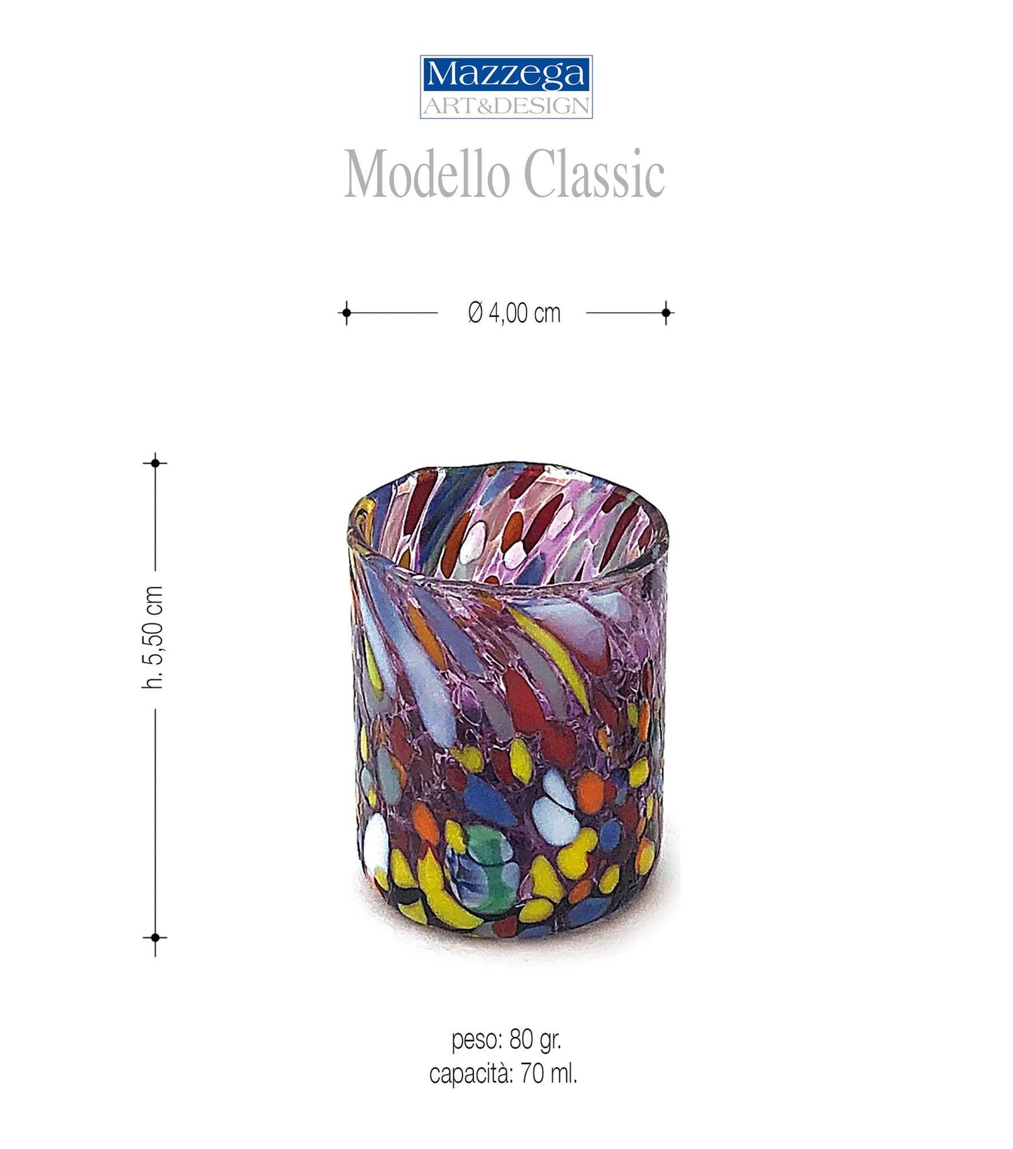 Verres à shot soufflés et artisanaux en verre Murano Murrine coloré 70 ml, Made in Italy: ROUGIR / 6