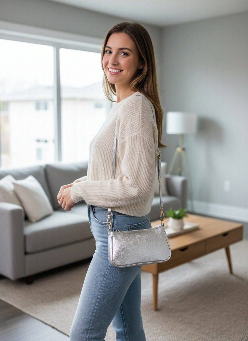 Petit Sac Bandoulière en Cuir Véritable Fait en Italie — Argenté